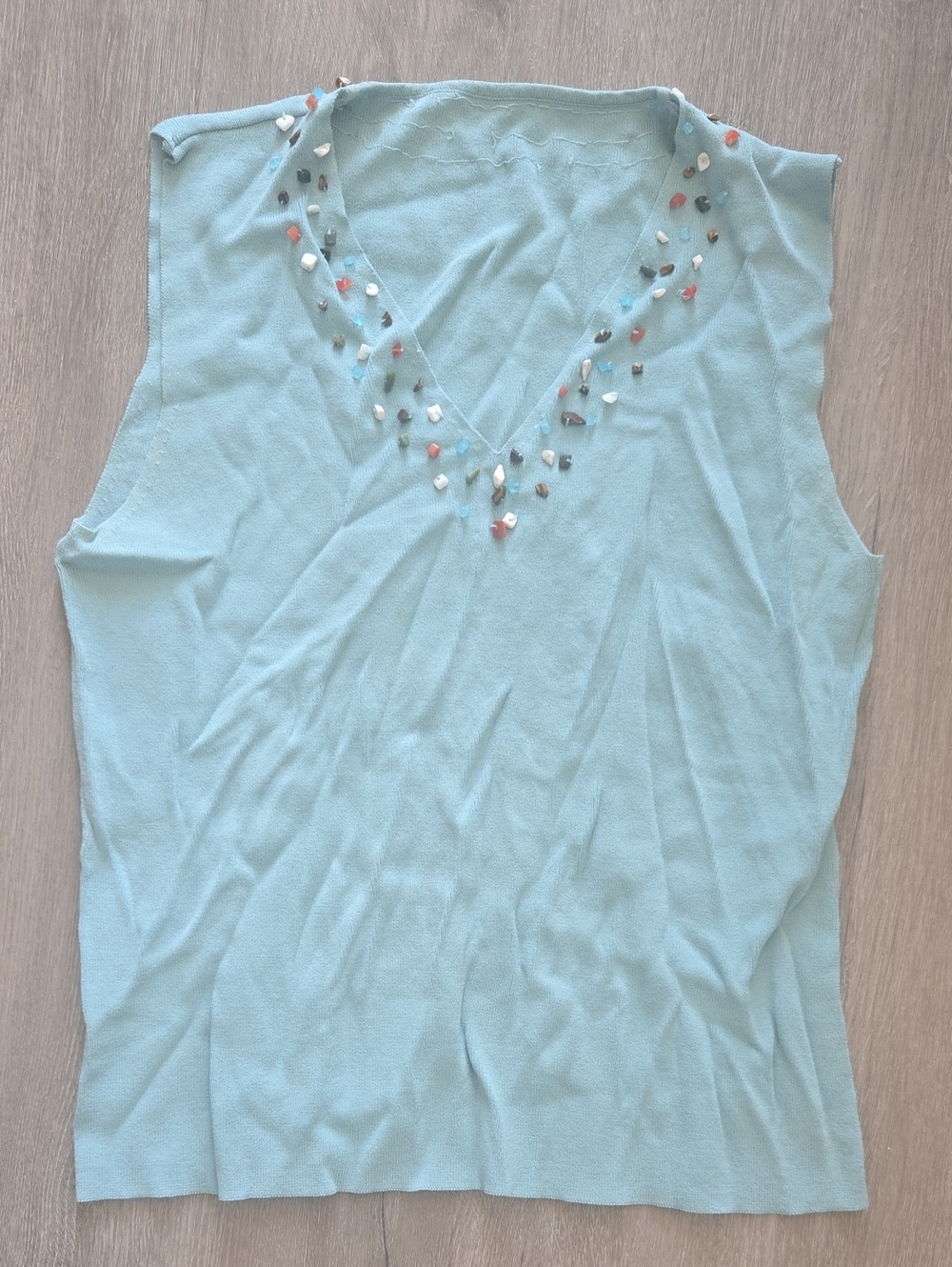 Vintage Embellished Light Blue V-Neck Sleeveless Tank Top